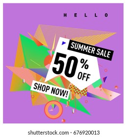 Summer sale geometric style web banner. Fashion and travel discount. Vector holiday Abstract colorful illustration with special offers and promotions.