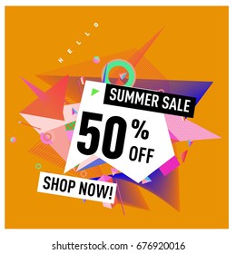 Summer sale geometric style web banner. Fashion and travel discount. Vector holiday Abstract colorful illustration with special offers and promotions.