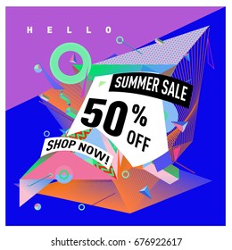Summer sale geometric style web banner. Fashion and travel discount. Vector holiday Abstract colorful illustration with special offers and promotions.
