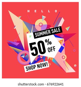 Summer sale geometric style web banner. Fashion and travel discount. Vector holiday Abstract colorful illustration with special offers and promotions.