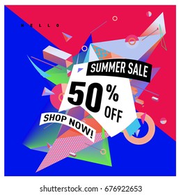 Summer sale geometric style web banner. Fashion and travel discount. Vector holiday Abstract colorful illustration with special offers and promotions.