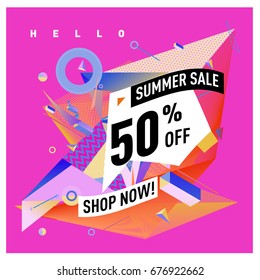 Summer sale geometric style web banner. Fashion and travel discount. Vector holiday Abstract colorful illustration with special offers and promotions.