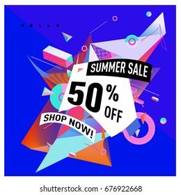 Summer sale geometric style web banner. Fashion and travel discount. Vector holiday Abstract colorful illustration with special offers and promotions.