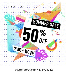 Summer sale geometric style web banner. Fashion and travel discount. Vector holiday Abstract colorful illustration with special offers and promotions.