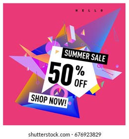 Summer sale geometric style web banner. Fashion and travel discount. Vector holiday Abstract colorful illustration with special offers and promotions.