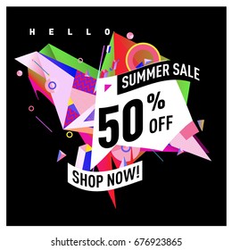 Summer sale geometric style web banner. Fashion and travel discount. Vector holiday Abstract colorful illustration with special offers and promotions.