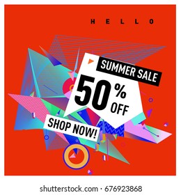 Summer sale geometric style web banner. Fashion and travel discount. Vector holiday Abstract colorful illustration with special offers and promotions.