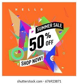 Summer sale geometric style web banner. Fashion and travel discount. Vector holiday Abstract colorful illustration with special offers and promotions.