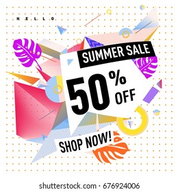 Summer sale geometric style web banner. Fashion and travel discount. Vector holiday Abstract colorful illustration with special offers and promotions.