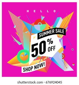 Summer sale geometric style web banner. Fashion and travel discount. Vector holiday Abstract colorful illustration with special offers and promotions.