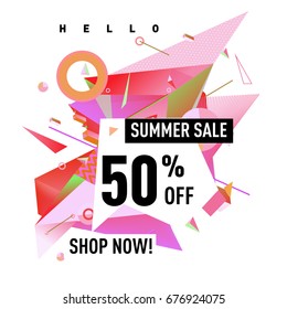 Summer sale geometric style web banner. Fashion and travel discount. Vector holiday Abstract colorful illustration with special offers and promotions.