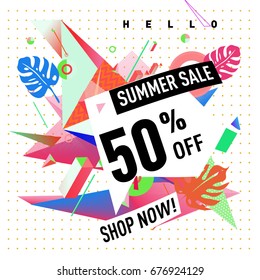 Summer sale geometric style web banner. Fashion and travel discount. Vector holiday Abstract colorful illustration with special offers and promotions.