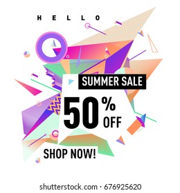 Summer sale geometric style web banner. Fashion and travel discount. Vector holiday Abstract colorful illustration with special offers and promotions.