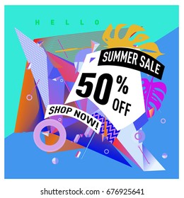 Summer sale geometric style web banner. Fashion and travel discount. Vector holiday Abstract colorful illustration with special offers and promotions.