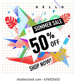 Summer sale geometric style web banner. Fashion and travel discount. Vector holiday Abstract colorful illustration with special offers and promotions.