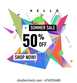 Summer sale geometric style web banner. Fashion and travel discount. Vector holiday Abstract colorful illustration with special offers and promotions.
