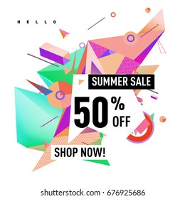 Summer sale geometric style web banner. Fashion and travel discount. Vector holiday Abstract colorful illustration with special offers and promotions.