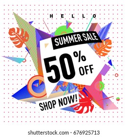 Summer sale geometric style web banner. Fashion and travel discount. Vector holiday Abstract colorful illustration with special offers and promotions.