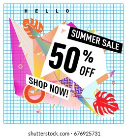 Summer sale geometric style web banner. Fashion and travel discount. Vector holiday Abstract colorful illustration with special offers and promotions.