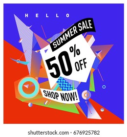 Summer sale geometric style web banner. Fashion and travel discount. Vector holiday Abstract colorful illustration with special offers and promotions.