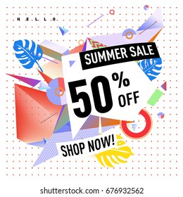 Summer sale geometric style web banner. Fashion and travel discount. Vector holiday Abstract colorful illustration with special offers and promotions.