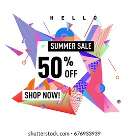 Summer sale geometric style web banner. Fashion and travel discount. Vector holiday Abstract colorful illustration with special offers and promotions.