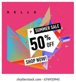 Summer sale geometric style web banner. Fashion and travel discount. Vector holiday Abstract colorful illustration with special offers and promotions.