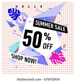 Summer sale geometric style web banner. Fashion and travel discount. Vector holiday Abstract colorful illustration with special offers and promotions.