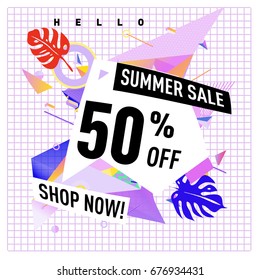 Summer sale geometric style web banner. Fashion and travel discount. Vector holiday Abstract colorful illustration with special offers and promotions.