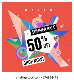 Summer sale geometric style web banner. Fashion and travel discount. Vector holiday Abstract colorful illustration with special offers and promotions.