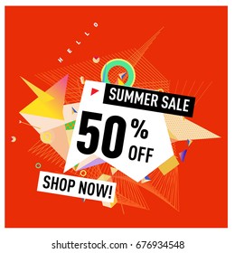 Summer sale geometric style web banner. Fashion and travel discount. Vector holiday Abstract colorful illustration with special offers and promotions.