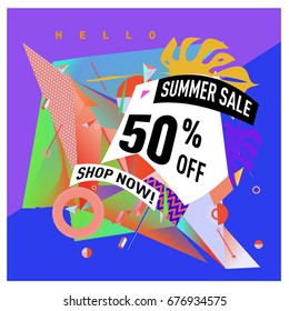 Summer sale geometric style web banner. Fashion and travel discount. Vector holiday Abstract colorful illustration with special offers and promotions.