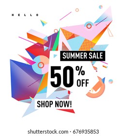 Summer sale geometric style web banner. Fashion and travel discount. Vector holiday Abstract colorful illustration with special offers and promotions.