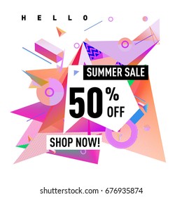 Summer sale geometric style web banner. Fashion and travel discount. Vector holiday Abstract colorful illustration with special offers and promotions.