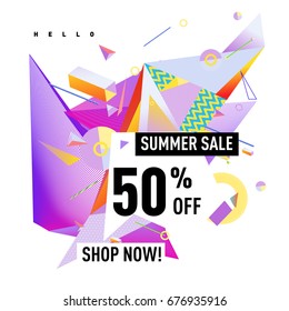 Summer sale geometric style web banner. Fashion and travel discount. Vector holiday Abstract colorful illustration with special offers and promotions.