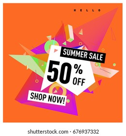 Summer sale geometric style web banner. Fashion and travel discount. Vector holiday Abstract colorful illustration with special offers and promotions.