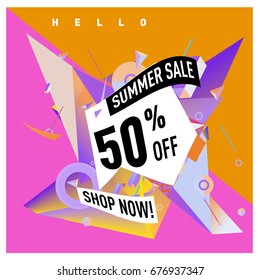 Summer sale geometric style web banner. Fashion and travel discount. Vector holiday Abstract colorful illustration with special offers and promotions.