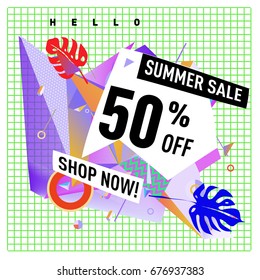 Summer sale geometric style web banner. Fashion and travel discount. Vector holiday Abstract colorful illustration with special offers and promotions.
