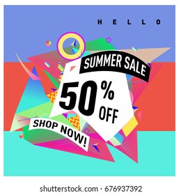 Summer sale geometric style web banner. Fashion and travel discount. Vector holiday Abstract colorful illustration with special offers and promotions.