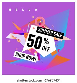 Summer sale geometric style web banner. Fashion and travel discount. Vector holiday Abstract colorful illustration with special offers and promotions.