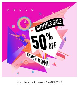Summer sale geometric style web banner. Fashion and travel discount. Vector holiday Abstract colorful illustration with special offers and promotions.