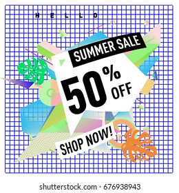 Summer sale geometric style web banner. Fashion and travel discount. Vector holiday Abstract colorful illustration with special offers and promotions.