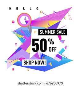 Summer sale geometric style web banner. Fashion and travel discount. Vector holiday Abstract colorful illustration with special offers and promotions.