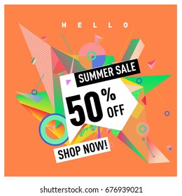Summer sale geometric style web banner. Fashion and travel discount. Vector holiday Abstract colorful illustration with special offers and promotions.