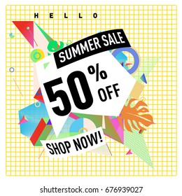 Summer sale geometric style web banner. Fashion and travel discount. Vector holiday Abstract colorful illustration with special offers and promotions.