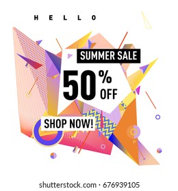 Summer sale geometric style web banner. Fashion and travel discount. Vector holiday Abstract colorful illustration with special offers and promotions.