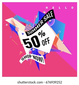 Summer sale geometric style web banner. Fashion and travel discount. Vector holiday Abstract colorful illustration with special offers and promotions.