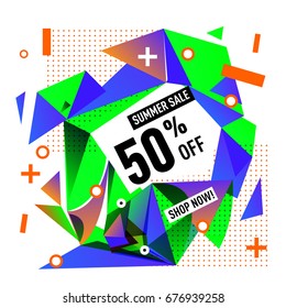 Summer sale geometric style web banner. Fashion and travel discount. Vector holiday Abstract colorful illustration with special offers and promotions.