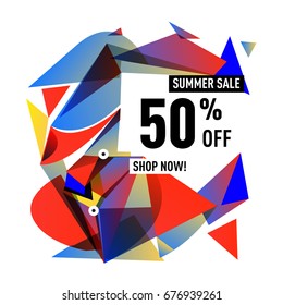 Summer sale geometric style web banner. Fashion and travel discount. Vector holiday Abstract colorful illustration with special offers and promotions.