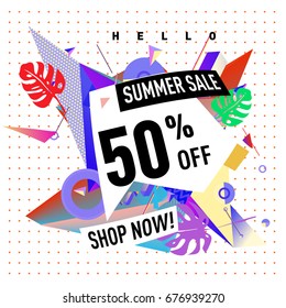 Summer sale geometric style web banner. Fashion and travel discount. Vector holiday Abstract colorful illustration with special offers and promotions.